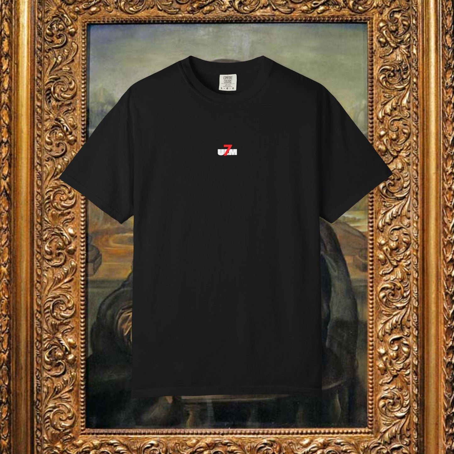 Minimalist Black Tee with Small Red & White Flag Chest Graphic