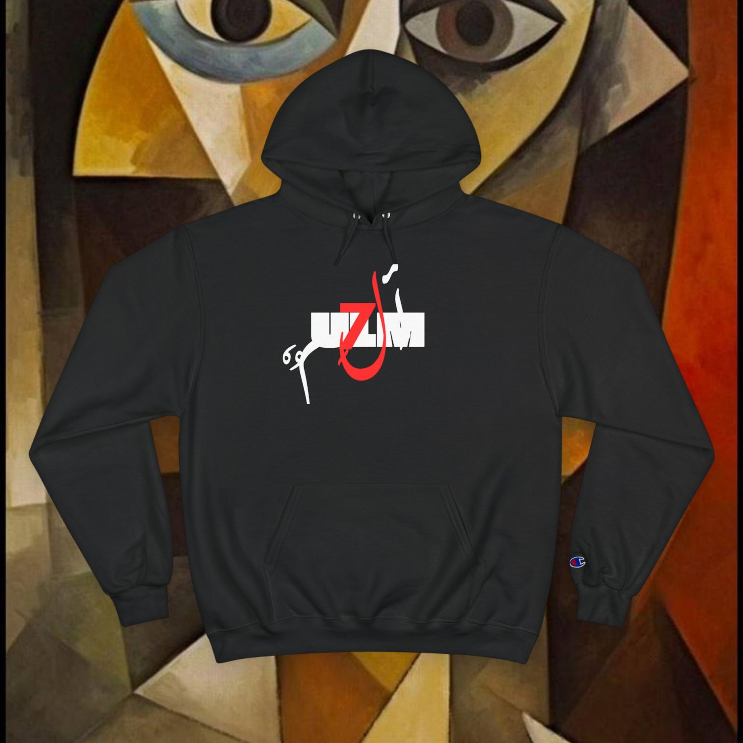 Black hoodie with a Arabic logo on a colorful abstract painting background