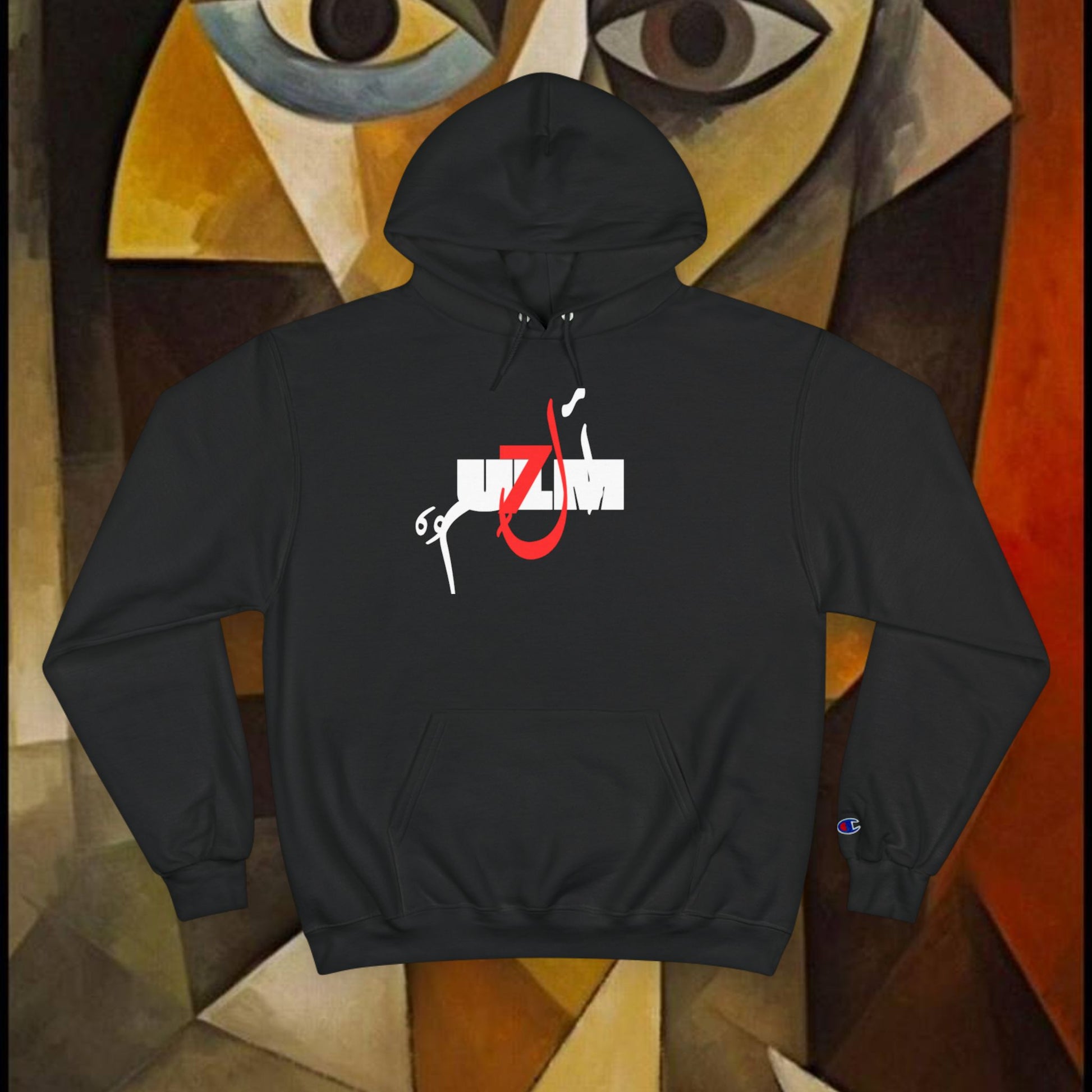 Black hoodie with a Arabic logo on a colorful abstract painting background